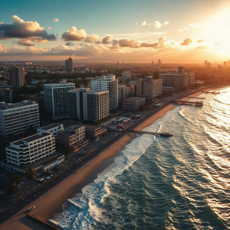 Vista aérea do litoral de Salvador ao entardecer com arquitetura moderna
